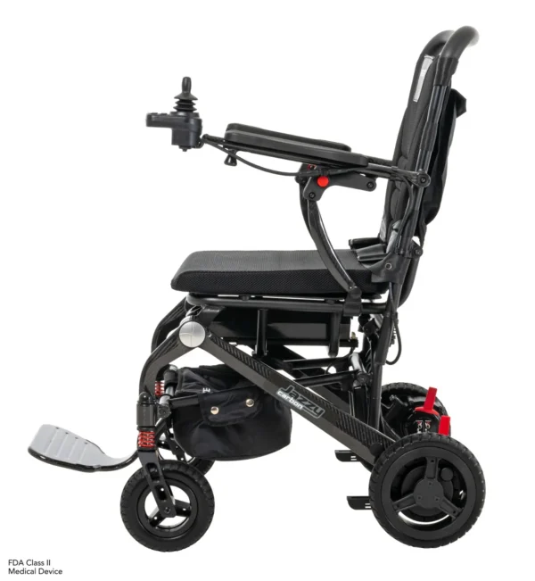 A black wheelchair with wheels and brake system.