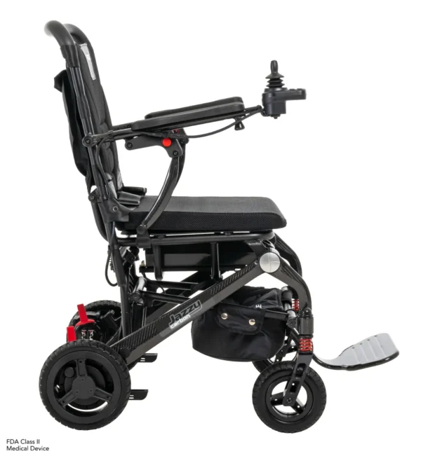 A black wheelchair with wheels and brake system.