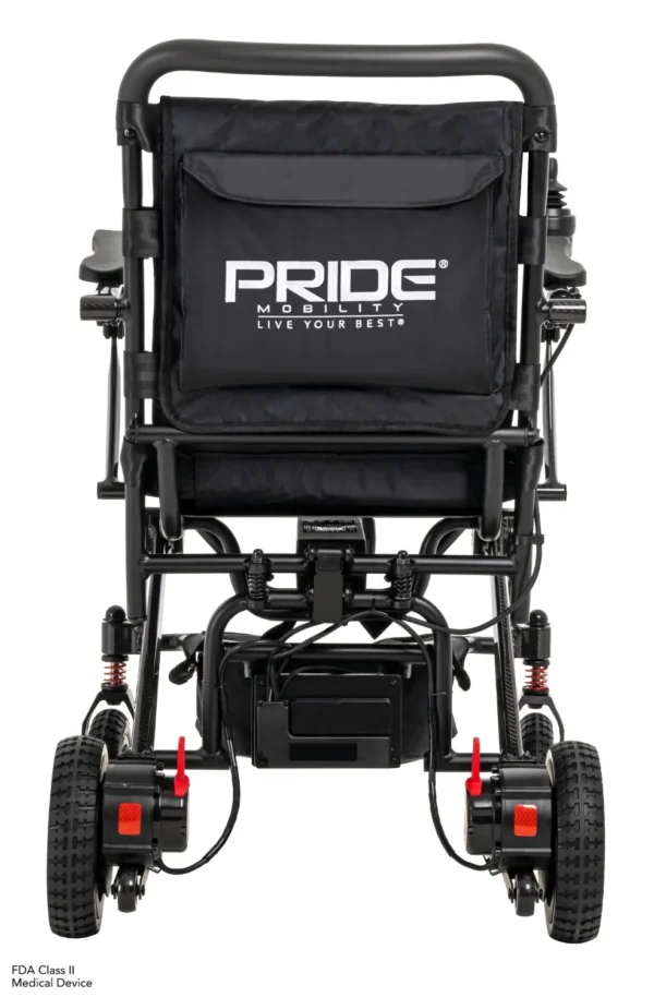 A black wheelchair with the back seat folded down.