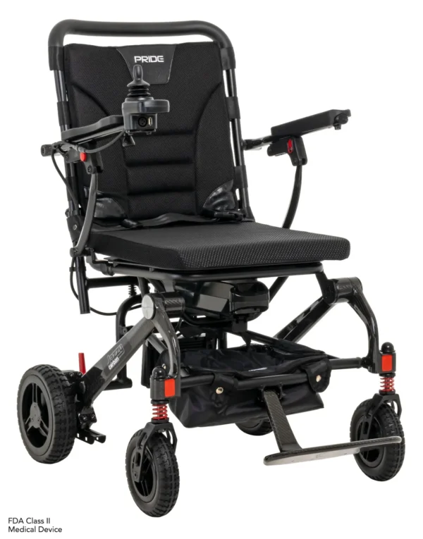 A black wheelchair with wheels and handles.