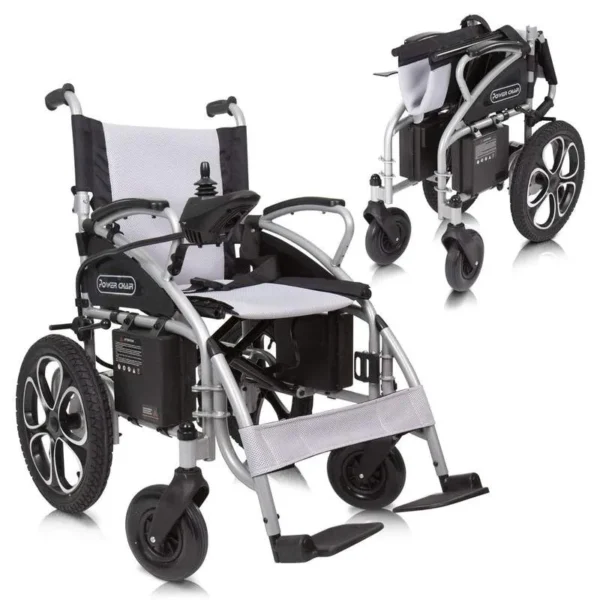 A wheelchair with wheels and seat covers.