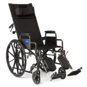 A wheelchair with wheels and a reclining back.