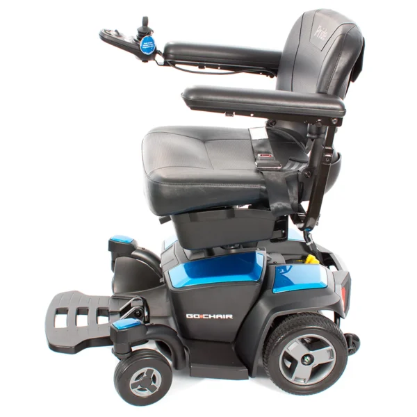 A blue and black electric wheelchair with the seat up.