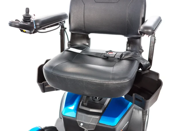 A close up of the back of a blue scooter