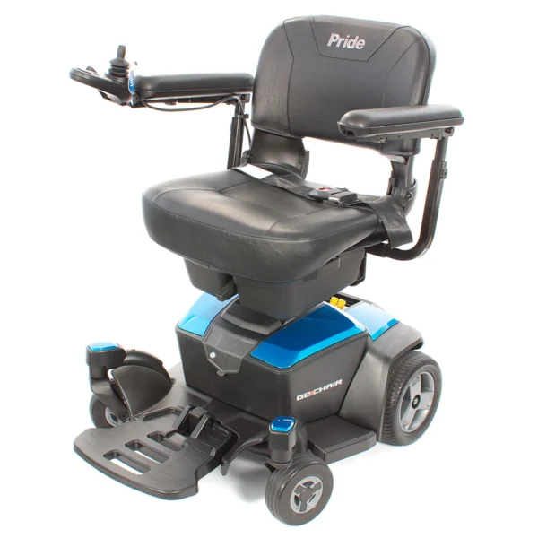 A blue and black motorized chair with wheels.