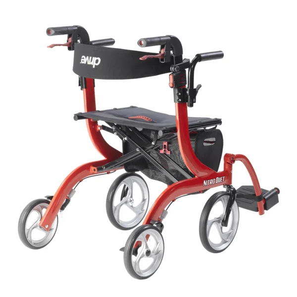 A red walker with wheels and seat.