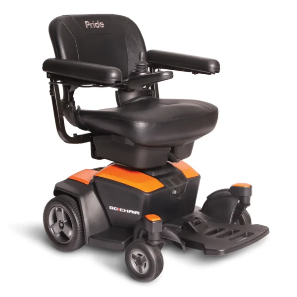 A black and orange electric wheelchair with wheels.