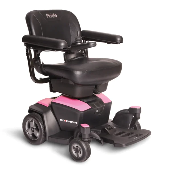 A pink and black scooter is shown from the side.