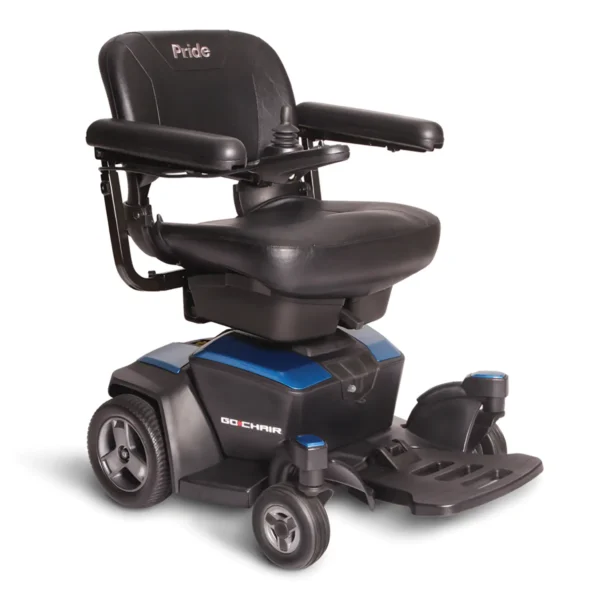 A blue and black electric wheelchair with wheels.