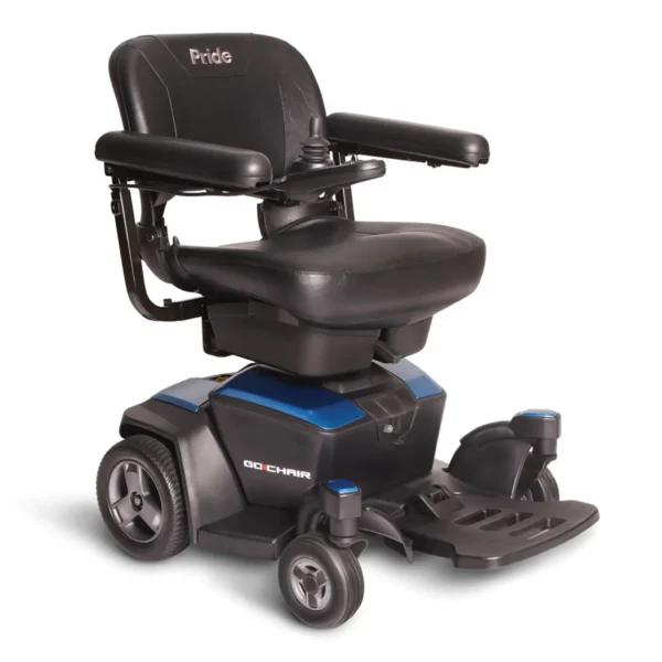 A blue and black electric wheelchair with the seat up.