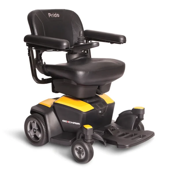 A yellow and black power chair with wheels.