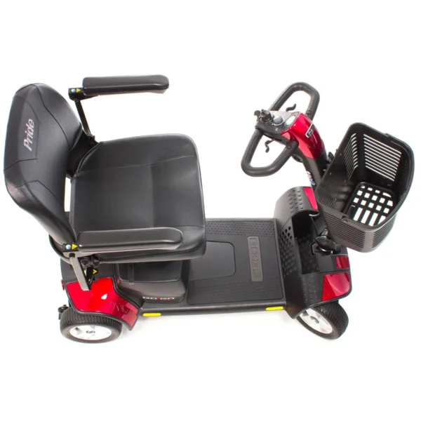 A red scooter with the seat up and steering wheel in the back.