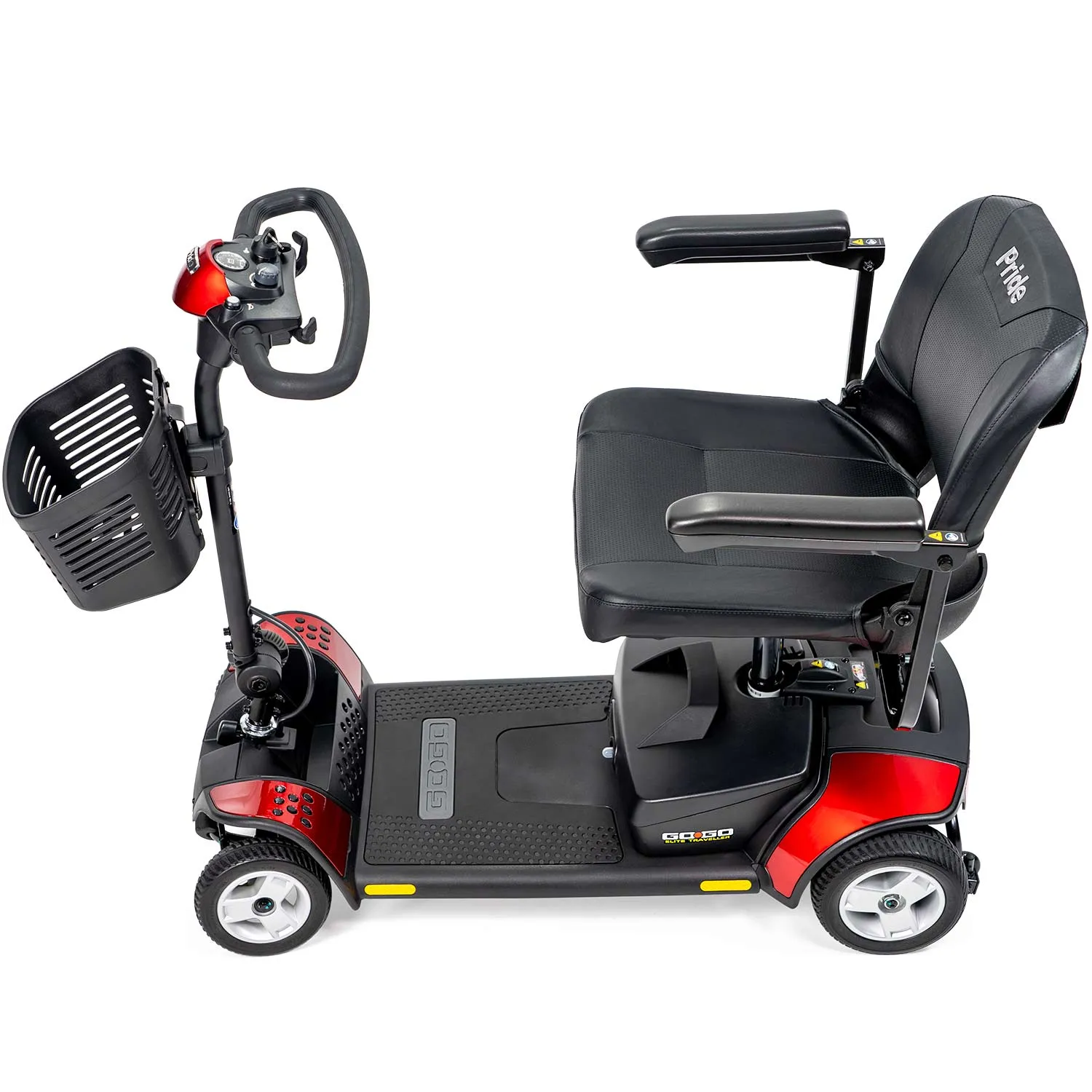 A red scooter with the seat up and steering wheel on it.