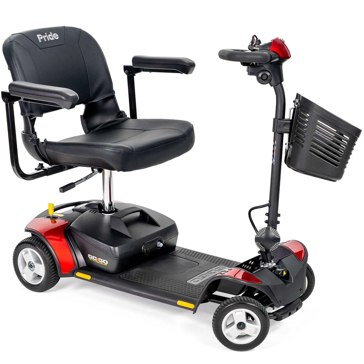 A red scooter with a black seat and back.