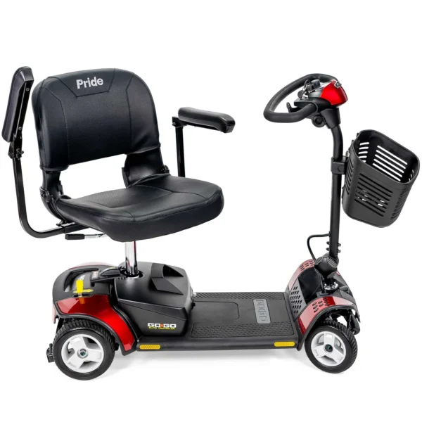 A red scooter with steering wheel attached to it.