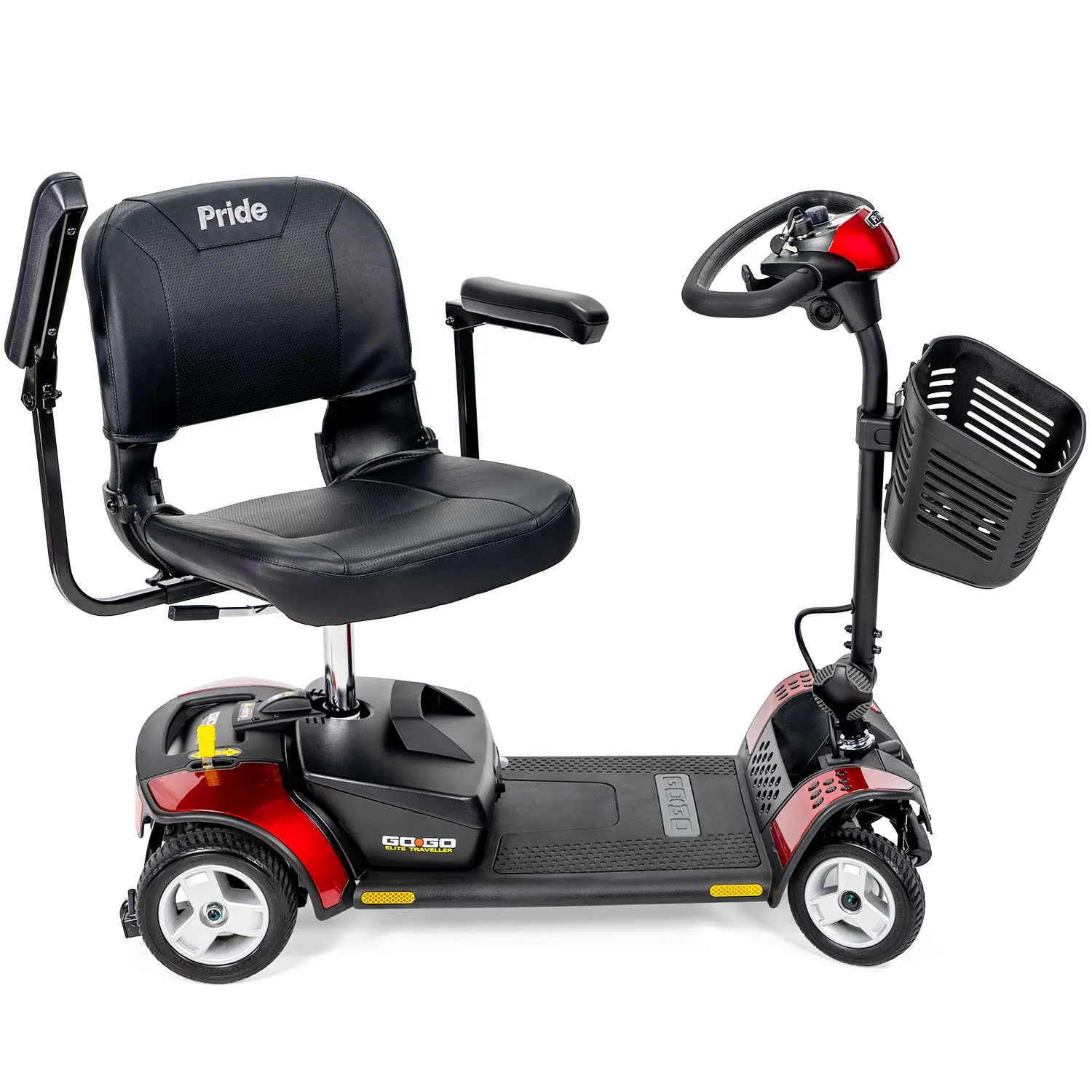 A red scooter with steering wheel attached to it.