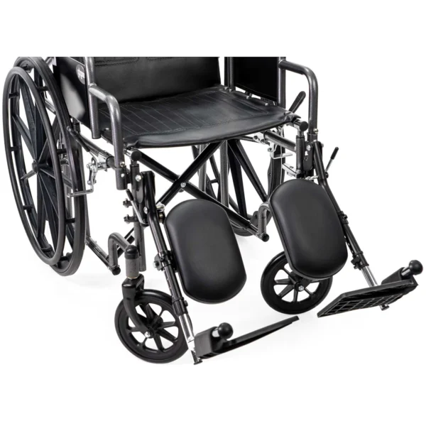 A wheelchair with foot rests attached to the back.