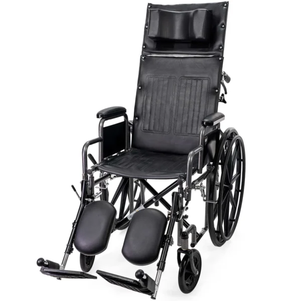 A wheelchair with a reclining seat and footrest.