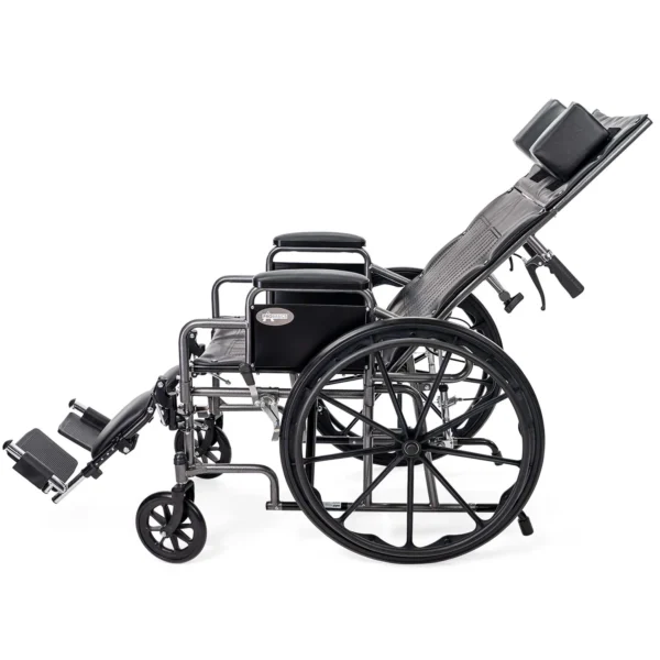 A wheelchair with a reclining back and wheels.