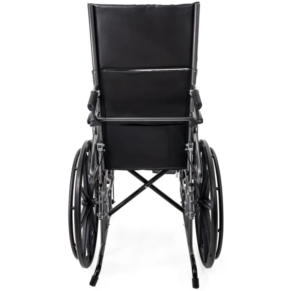 A wheelchair with the back facing up.