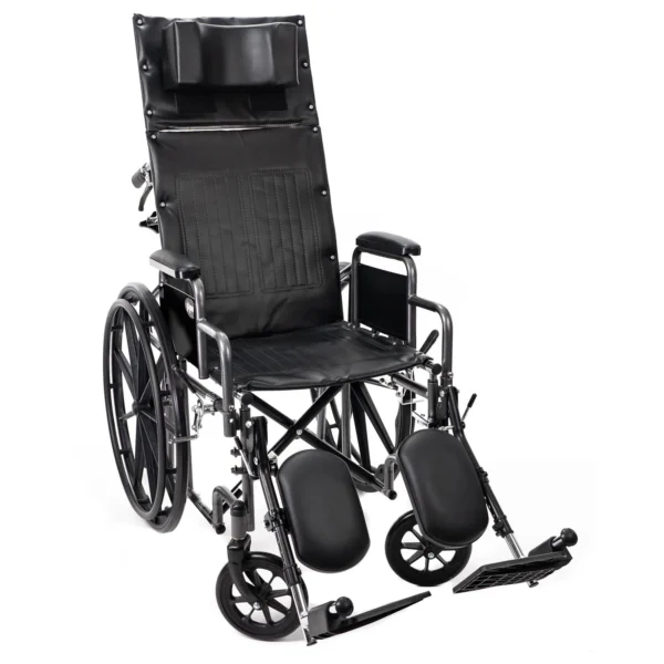 A wheelchair with a reclining back and wheels.