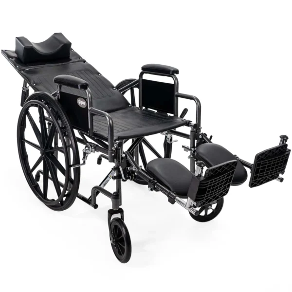 A wheelchair with a reclining back and wheels.