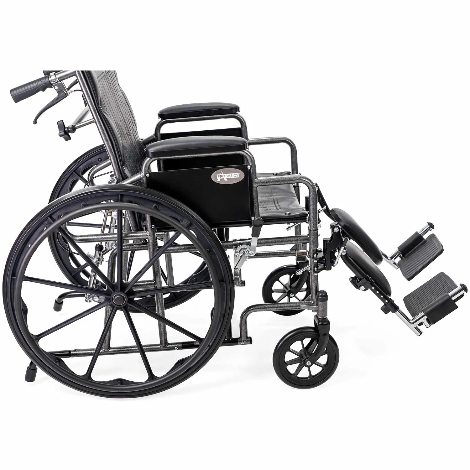 probasic_full_recline_wheelchair_right_side_closeup_wheel_medmart_2012_ A wheelchair with wheels and arms extended.