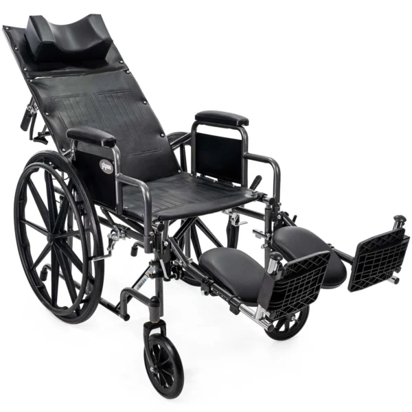 A wheelchair with the wheels down and the seat up.