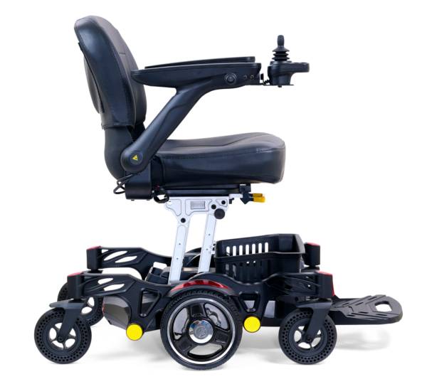 A black electric wheelchair with wheels and brakes.