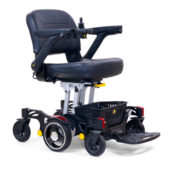 A black motorized wheelchair with the back up.