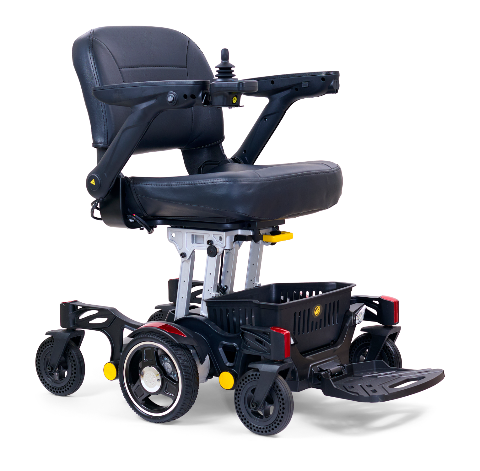 A black motorized wheelchair with the back up.