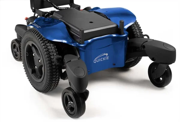 A blue electric wheelchair with wheels and tires.