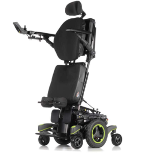 A black and green power chair with a seat up.