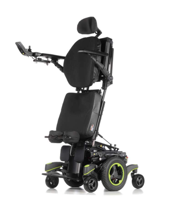 A black and green power chair with a seat up.