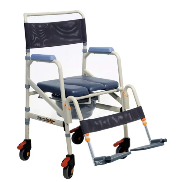 A commode chair with wheels and foot rest.