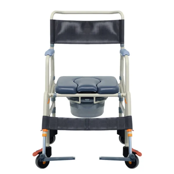 A wheelchair with wheels and a seat.