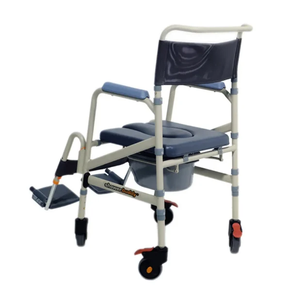 A commode chair with wheels and seat.