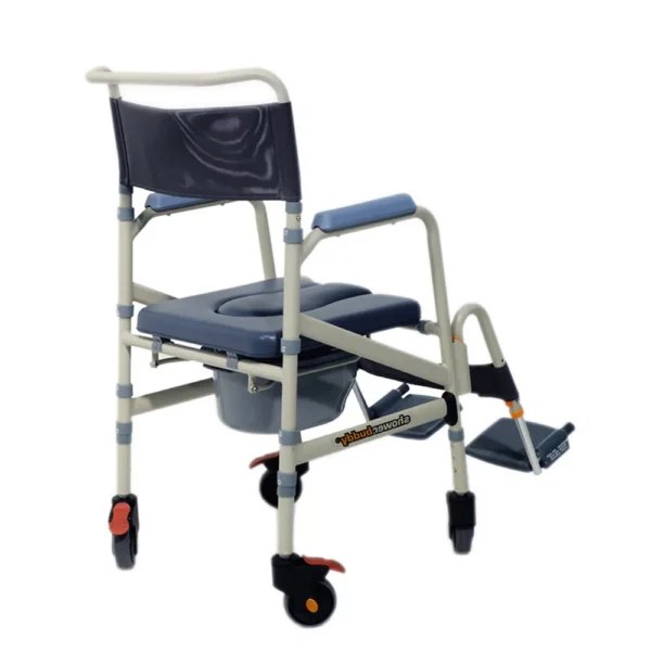 A commode chair with wheels and foot rest.