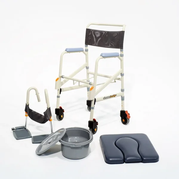 A wheelchair and some other items on the floor.