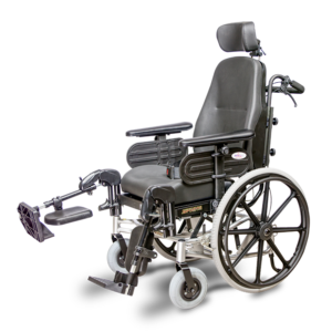 A wheelchair with the headrest down and arm rests folded up.