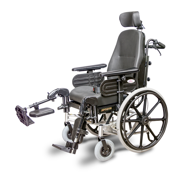 A wheelchair with the headrest down and arm rests folded up.