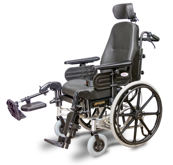 A wheelchair with the seat up and wheels down.