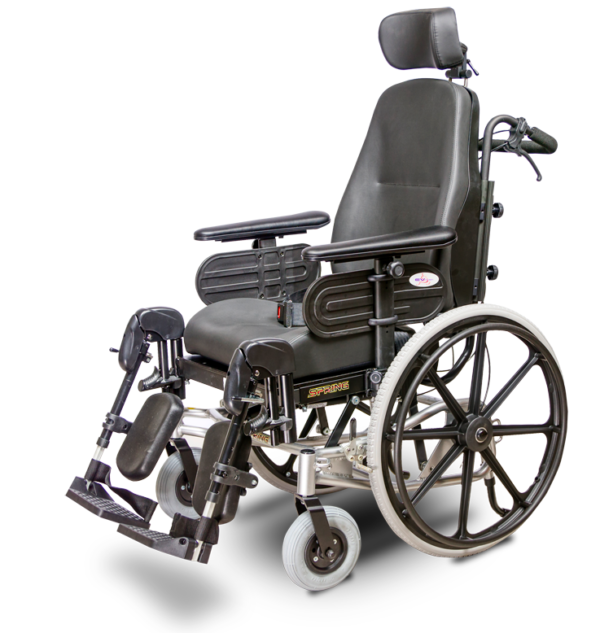 A wheelchair with wheels and headrest on the back.