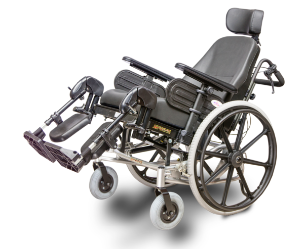 A wheelchair with wheels and arms extended.