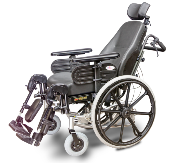 A wheelchair with wheels and arms attached to it.