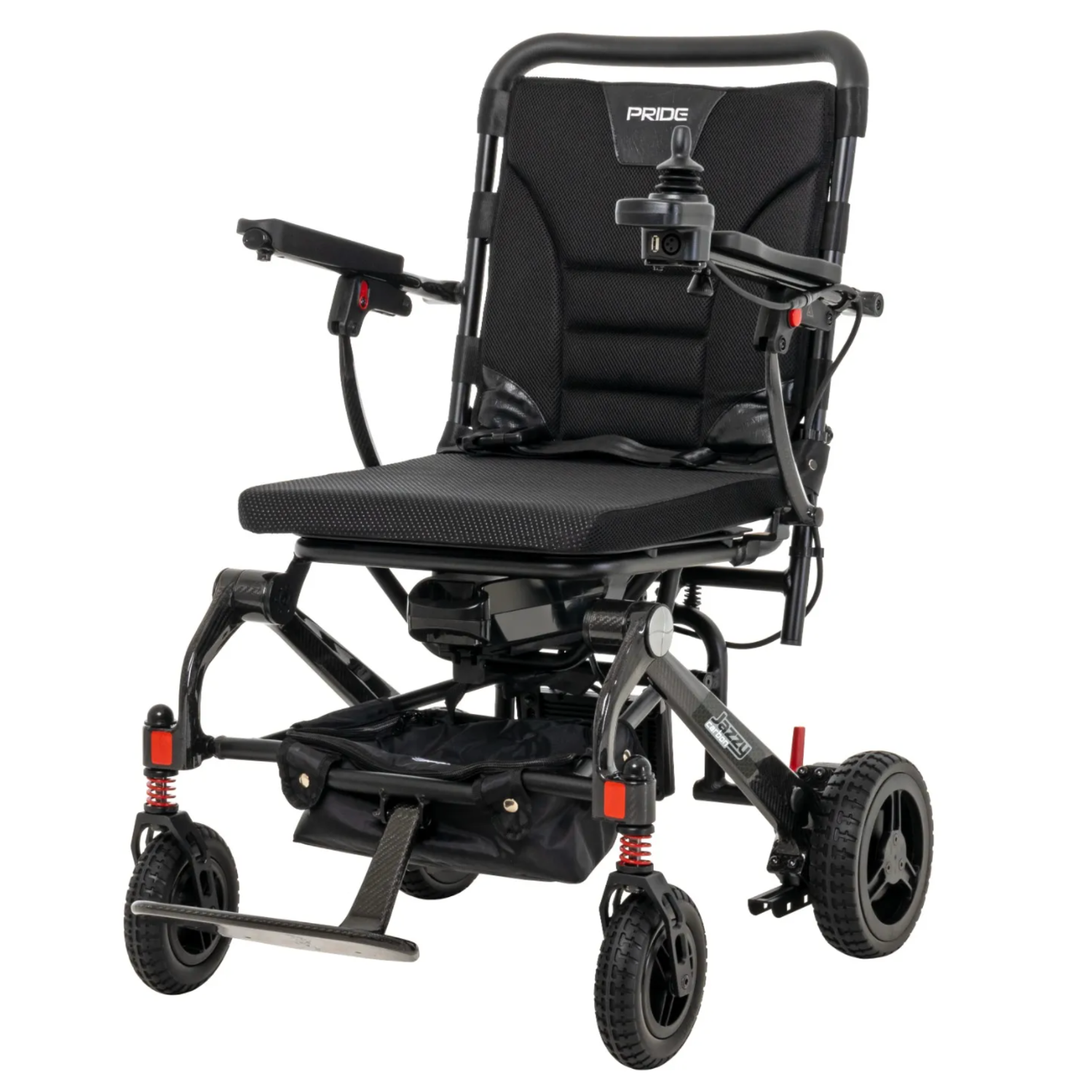 A black wheelchair with wheels and seat.