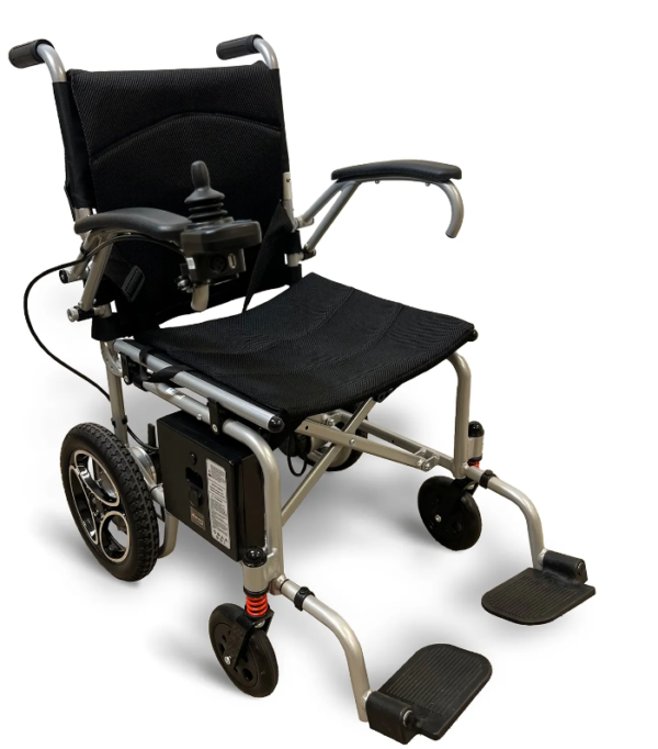 A wheelchair with wheels and seat attached to it.