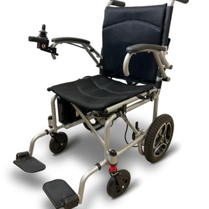 A wheelchair with wheels and seat folded down.