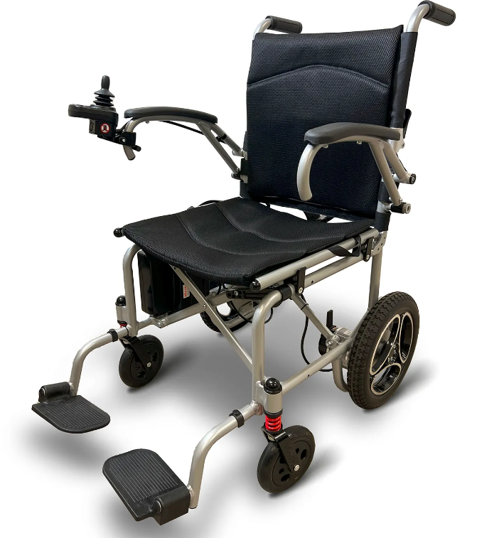 A wheelchair with wheels and seat folded down.