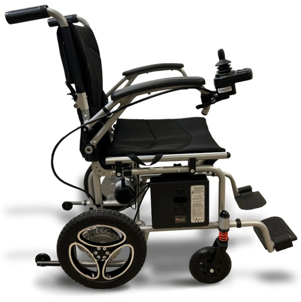 A wheelchair with wheels and batteries on it.